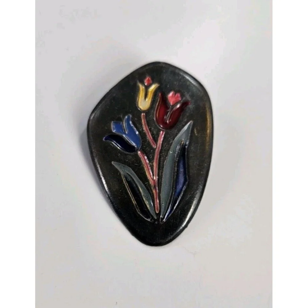 Vintage Sterling Silver Enamel Tulip‎ Flowers Made In Israel Brooch Pin Pendant